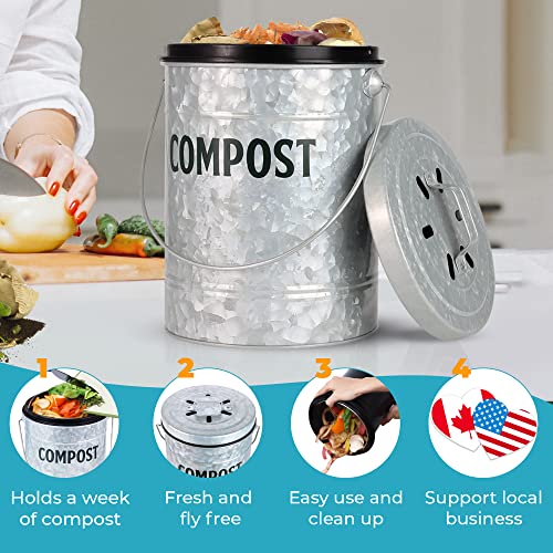 Kitchen Compost Bin by Saratoga Home - 1.3 Gal/5L Metal Compost Bucket for Kitchen Countertop, Kitchen Composter, Countertop Compost Bin, Compost Bin Kitchen, Kitchen Compost Bin Countertop, Silver