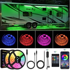 vbakor rv awning lights, 40ft rv underglow led lights kit, 12v multi-color exterior neon accent underbody strip lights for camper motorhome with extension cable, music sync, waterproof