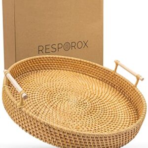 Round Wicker Tray with Wooden Handles. 13.8in Decorative Tray for Coffee Table, Ottoman Serving Tray for Drinks, Snacks, Boho Tray for Bathroom Decor.