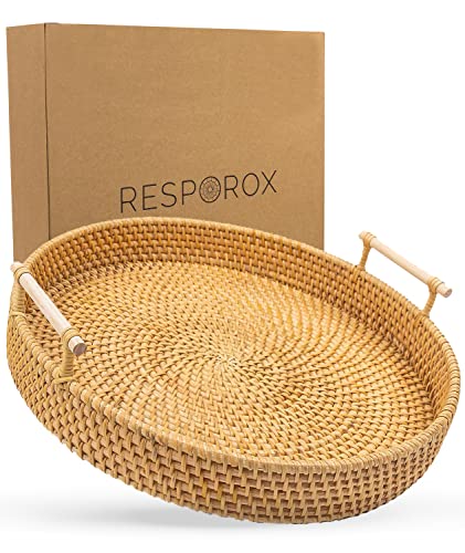 Round Wicker Tray with Wooden Handles. 13.8in Decorative Tray for Coffee Table, Ottoman Serving Tray for Drinks, Snacks, Boho Tray for Bathroom Decor.