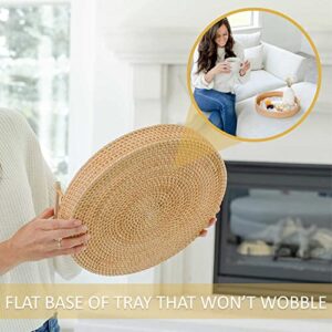 Round Wicker Tray with Wooden Handles. 13.8in Decorative Tray for Coffee Table, Ottoman Serving Tray for Drinks, Snacks, Boho Tray for Bathroom Decor.