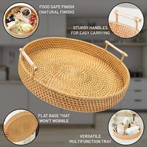 Round Wicker Tray with Wooden Handles. 13.8in Decorative Tray for Coffee Table, Ottoman Serving Tray for Drinks, Snacks, Boho Tray for Bathroom Decor.