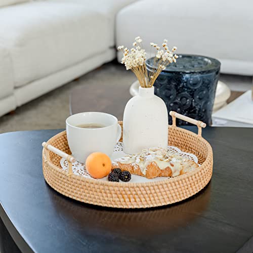 Round Wicker Tray with Wooden Handles. 13.8in Decorative Tray for Coffee Table, Ottoman Serving Tray for Drinks, Snacks, Boho Tray for Bathroom Decor.