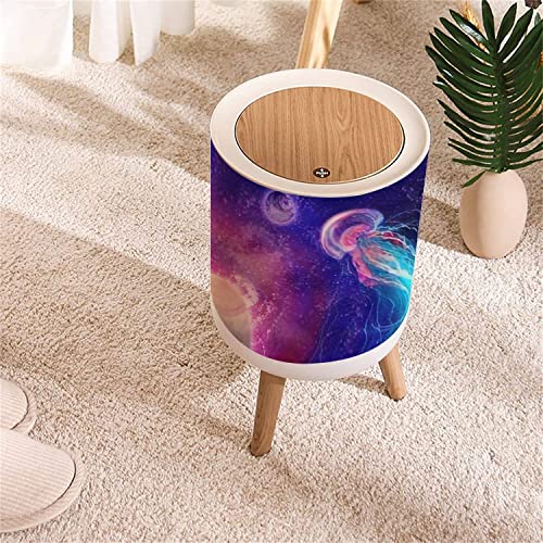 Small Trash Can with Lid Free Space Galaxy Planets and Space Jellyfish Fantasy Abstraction Round Recycle Bin Press Top Dog Proof Wastebasket for Kitchen Bathroom Bedroom Office 7L/1.8 Gallon