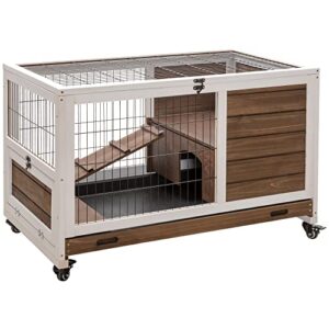 pawhut wooden indoor rabbit hutch elevated cage habitat with no leak tray enclosed run with wheels, ideal for rabbits and guinea pigs, brown