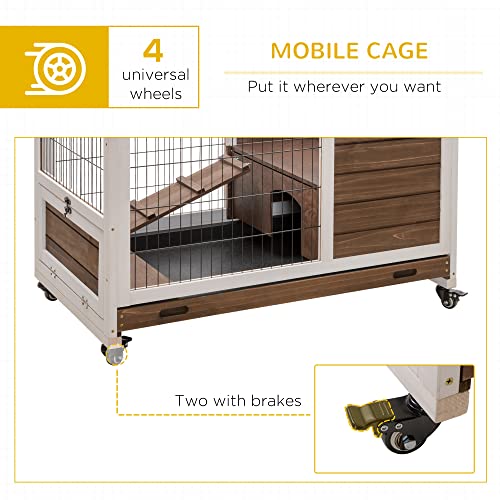 PawHut Wooden Indoor Rabbit Hutch Elevated Cage Habitat with No Leak Tray Enclosed Run with Wheels, Ideal for Rabbits and Guinea Pigs, Brown