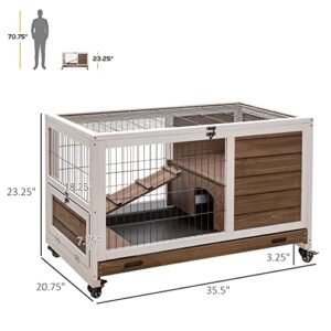 PawHut Wooden Indoor Rabbit Hutch Elevated Cage Habitat with No Leak Tray Enclosed Run with Wheels, Ideal for Rabbits and Guinea Pigs, Brown