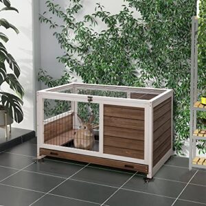 PawHut Wooden Indoor Rabbit Hutch Elevated Cage Habitat with No Leak Tray Enclosed Run with Wheels, Ideal for Rabbits and Guinea Pigs, Brown