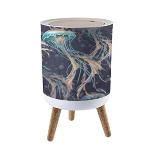 small trash can with lid sea jellyfish seahorse shell starfish coral bubbles spray watercolor round recycle bin press top dog proof wastebasket for kitchen bathroom bedroom office 7l/1.8 gallon