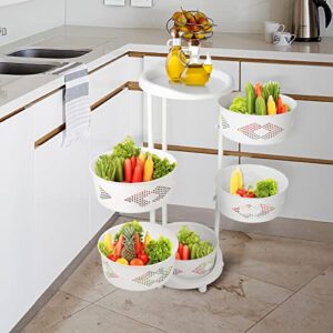 JELLYRATTBIT 5 Tier Fruit Vegetable Storage Basket, Multi-Layer Rotating Storage Shelf with Wheels, Floor-Standing Storage Rack for Kitchen Living Room Bedroom Bathroom, White