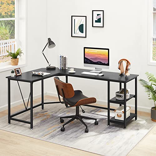 GreenForest L Shaped Computer Desk with Adjustable Storage Shelf, 59 inch Modern Long Corner Gaming Desk for Home Office Writing Laptop PC Workstation Space Saving, Black