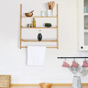 Homaterial 3-Tier Bathroom Towel Rack Shef Wall Mounted Wood Mount Shelf with Towel Bar Leaning Blanket Ladders Bathroom Storage Display Rack Shelf Holder, Natural