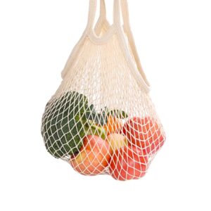 Lechmornine 3-pack cotton storage net bags, Reusable shopping bags, Premium mesh Grocery bags, Portable/washable/Durable string bags with Short Handle for Fruits, Vegetables, some balls, Beige