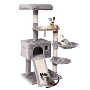 mq cat tree tower 47.3 in, multi level cat scratching post with condo, ladder, hammock & plush perches for kittens, adult cats, light gray