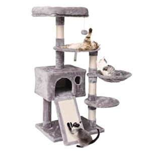 MQ Cat Tree Tower 47.3 in, Multi Level Cat Scratching Post with Condo, Ladder, Hammock & Plush Perches for Kittens, Adult Cats, Light Gray