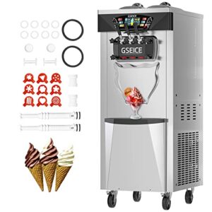 gseice 2500w commercial ice cream maker machine, 6.8-8.4 gal/h soft serve machine with precooling & refrigeration at night, led panel, 2+1 flavors soft serve ice cream maker with two 8l hoppers 2.0l cylinders puffing shortage alarm, 9 magic heads