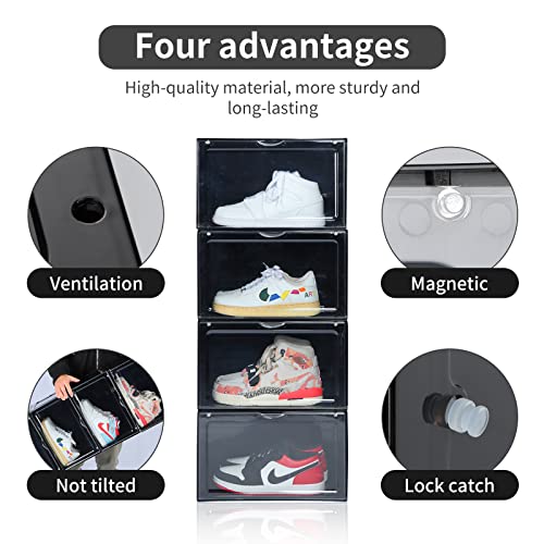 OMOPIN XL Shoe Storage Box,Drop Side Shoe Box,8 Pack Shoe Containers,Sneaker Display Case,Shoe Boxes Clear Plastic Stackable size13.4”x 10.6”x 8.3” Fit up to US 13 (Black 8 Pack)