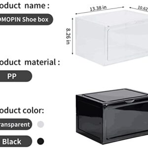 OMOPIN XL Shoe Storage Box,Drop Side Shoe Box,8 Pack Shoe Containers,Sneaker Display Case,Shoe Boxes Clear Plastic Stackable size13.4”x 10.6”x 8.3” Fit up to US 13 (Black 8 Pack)