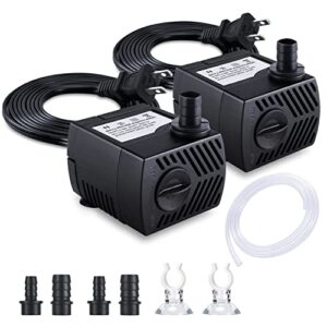 submersible fountain pump 2 packs 80gph (4w 300l/h), quiet water pump with 2.6ft high lift, fountain water pump with 9.8ft（3m）tubing, 3 nozzles for fish tank, aquarium, hydroponics, statuary, pond