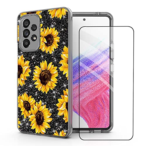 DDTKZC for Samsung Galaxy A53 5G Case，Samsung A53 5G Case Tempered Glass Protector Lustre Pattern-Sparkle 3 in 1 Clear Shockproof Case for Samsung A53 5G (Yellow Sunflower)