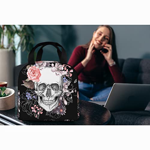 Zoczos Skulls Large Lunch Box Day Of The Dead Skeleton Vintage Grunge Gothic Roses Floral Reusable Lunch Bag for Work Beach