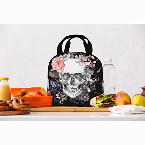 Zoczos Skulls Large Lunch Box Day Of The Dead Skeleton Vintage Grunge Gothic Roses Floral Reusable Lunch Bag for Work Beach