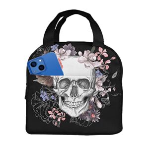 Zoczos Skulls Large Lunch Box Day Of The Dead Skeleton Vintage Grunge Gothic Roses Floral Reusable Lunch Bag for Work Beach