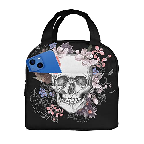 Zoczos Skulls Large Lunch Box Day Of The Dead Skeleton Vintage Grunge Gothic Roses Floral Reusable Lunch Bag for Work Beach
