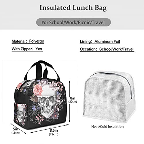 Zoczos Skulls Large Lunch Box Day Of The Dead Skeleton Vintage Grunge Gothic Roses Floral Reusable Lunch Bag for Work Beach