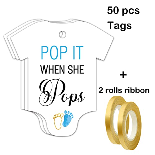 50 PCS Pop It When She Pops Baby Shower Champagne Favor Tags, Cute Blue Little Feet Bottle Tags, Baby Onesie Shaped Gift Tags, Baby Shower Favor Tags, Baby Shower Birthday Party Favor Decorations.