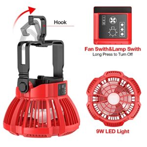 Hipoke Camping Fan for Milwaukee M18 18V Lithium-ion Battery, Portable Handheld Fan with 9W LED Lantern, Hook, 180°Head Rotation Outdoor Rechargeable Fan for Fishing, Office, Travel, Barbecue, Garage