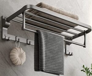mustorn bathroom towel rack with towel bar and hooks 23.6 in foldable towel shelf wall mounted lavatory towel organizer modern gray finish