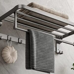 MUSTORN Bathroom Towel Rack with Towel Bar and Hooks 23.6 in Foldable Towel Shelf Wall Mounted Lavatory Towel Organizer Modern Gray Finish