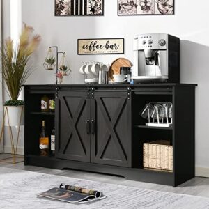 4 ever winner buffet cabinet with storage, 60” kitchen sideboard cabinet with sliding barn doors, farmhouse coffee bar cabinet black buffet server cabinet for living room dinning room, espresso