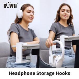 KIWIFOTOS Headphone Stand Holder Under Desk, PC Gaming Headset Hook Hanger Mount with 360 Adjustable Rotating Arm Clamp & Built in Cable Clip - White