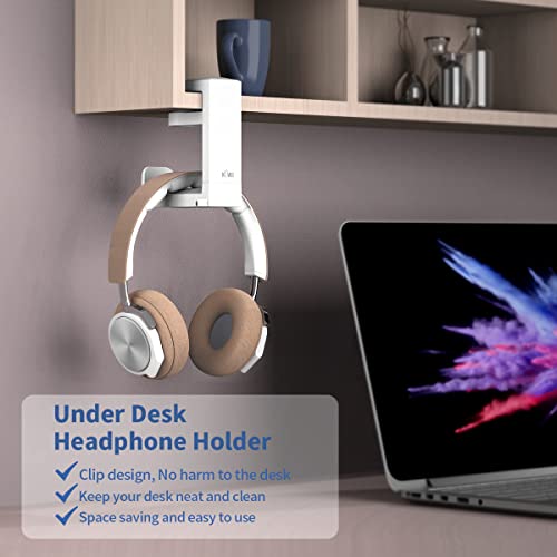 KIWIFOTOS Headphone Stand Holder Under Desk, PC Gaming Headset Hook Hanger Mount with 360 Adjustable Rotating Arm Clamp & Built in Cable Clip - White