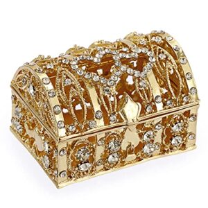 elldoo crystal treasure chest box floral engraved jewelry box wedding box keepsake box ring earring small trinket storage organizer box for girls women wedding brithday gift, gold