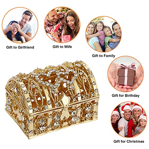 ELLDOO Crystal Treasure Chest Box Floral Engraved Jewelry Box Wedding Box Keepsake Box Ring Earring Small Trinket Storage Organizer Box for Girls Women Wedding Brithday Gift, Gold