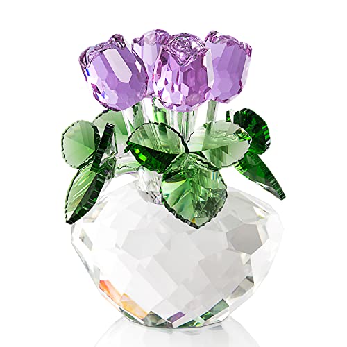 DENIMOMO Crystal Rose Gifts for Mom Wife Grandma Crystal Rose Figurine Gifts,Purple Crystal Rose Flowers Thanksging Anniversary Birthday Gifts