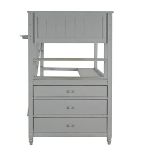 Twin Size Loft Bed with Desk and Drawers, Solid Wood Loft Bed with Storage Shelves for Kids Teens Adults - Gray