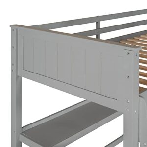 Twin Size Loft Bed with Desk and Drawers, Solid Wood Loft Bed with Storage Shelves for Kids Teens Adults - Gray