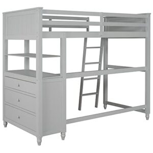 Twin Size Loft Bed with Desk and Drawers, Solid Wood Loft Bed with Storage Shelves for Kids Teens Adults - Gray