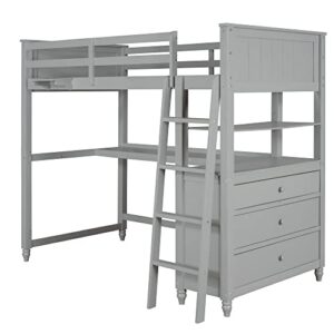 Twin Size Loft Bed with Desk and Drawers, Solid Wood Loft Bed with Storage Shelves for Kids Teens Adults - Gray