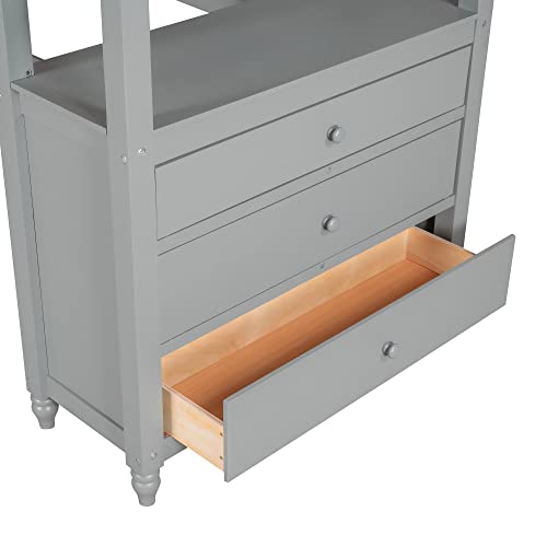 Twin Size Loft Bed with Desk and Drawers, Solid Wood Loft Bed with Storage Shelves for Kids Teens Adults - Gray