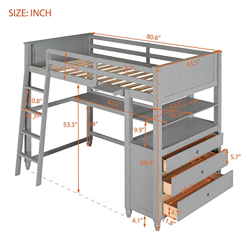 Twin Size Loft Bed with Desk and Drawers, Solid Wood Loft Bed with Storage Shelves for Kids Teens Adults - Gray