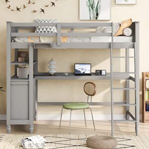 Twin Size Loft Bed with Desk and Drawers, Solid Wood Loft Bed with Storage Shelves for Kids Teens Adults - Gray