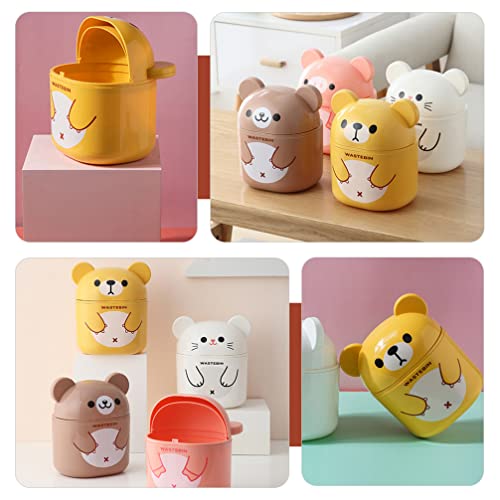 LIFKOME Cute Mini Desktop Trash Can Desktop Cartoon Bear Garbage Can Cute Plastic Trash Can Shake Cover Bucket Small Paper Basket Flipping Trash Bin for Kitchen Yellow