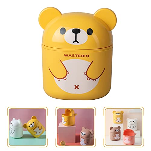 LIFKOME Cute Mini Desktop Trash Can Desktop Cartoon Bear Garbage Can Cute Plastic Trash Can Shake Cover Bucket Small Paper Basket Flipping Trash Bin for Kitchen Yellow