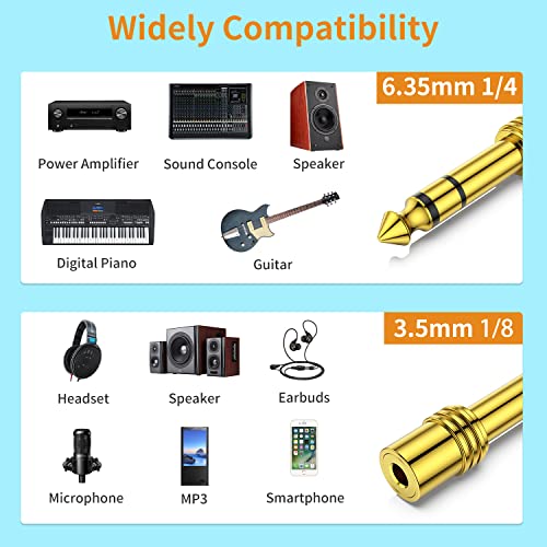 6.35mm 1/4 Male to 3.5mm 1/8 Female Stereo Headphone Adapter, TRS Audio Jack Plug Gold Plated for Amplifiers, Guitar, Keyboard Piano, Laptop, Home Theater, Phone, 3 Pack