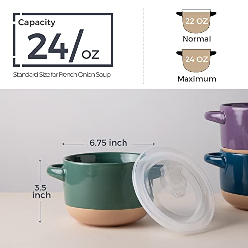 AmorArc 24 Ounces Soup Bowls with Large Handles and Lids, Stoneware Bowls Set of 4 for Soup,Cereal,Stew,Noodle, Colourful Ceramic Kitchen Bowls, Microwave&Dishwasher Safe, Multicolor